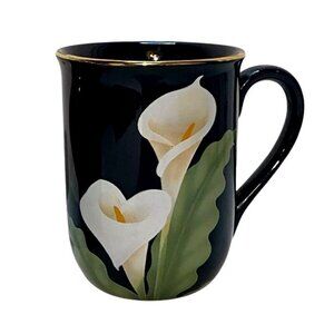Otagiri Calla Lilly Coffee cup mug Made In Japan Black Gold Lilly flowers VTG EC
